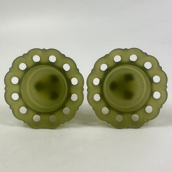 Vtg Westmoreland Doric Lace Olive Green Satin Glass Candlestick Holders Pair USA - Picture 3 of 6